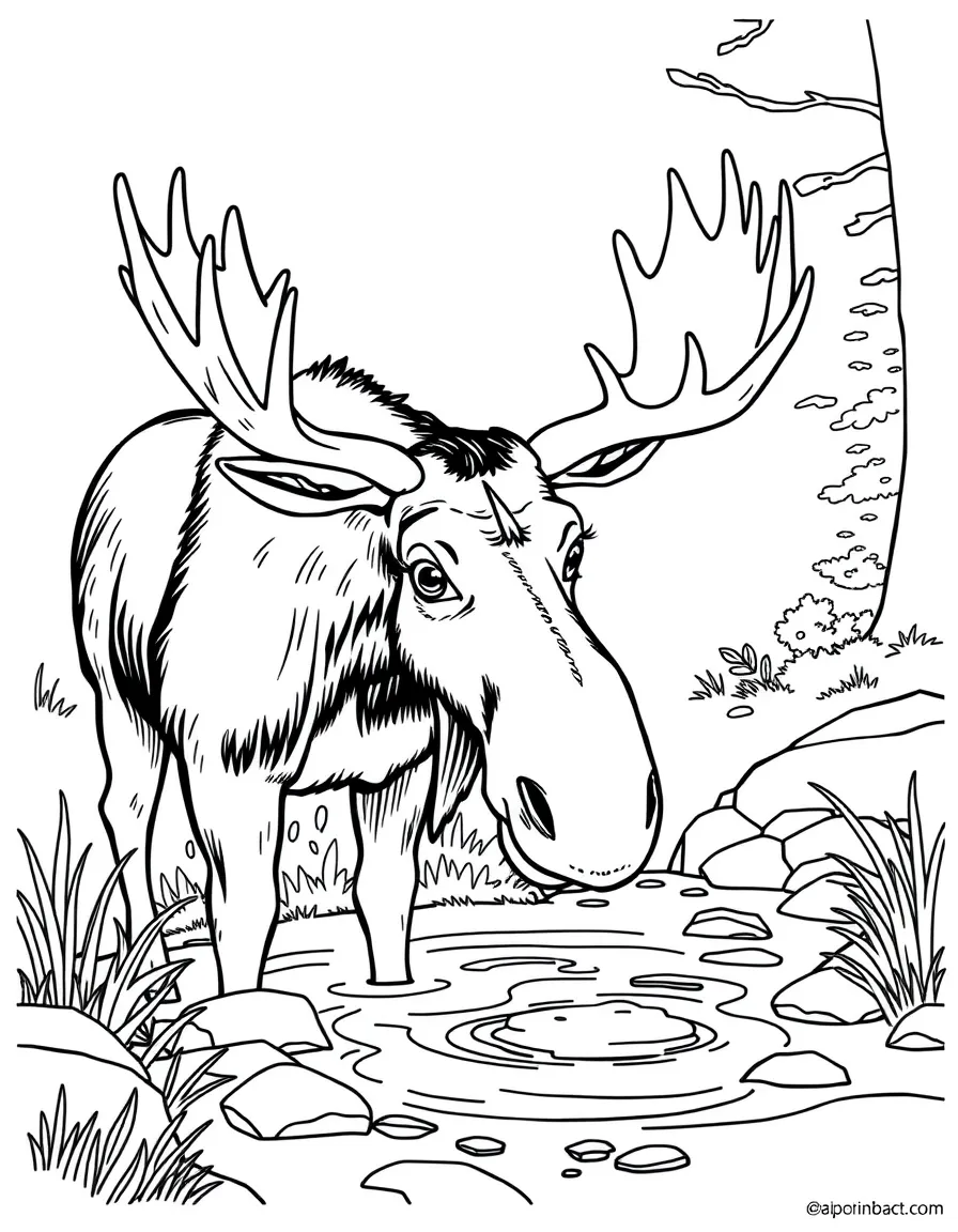A friendly moose drinking water from a stream in New Hampshire.