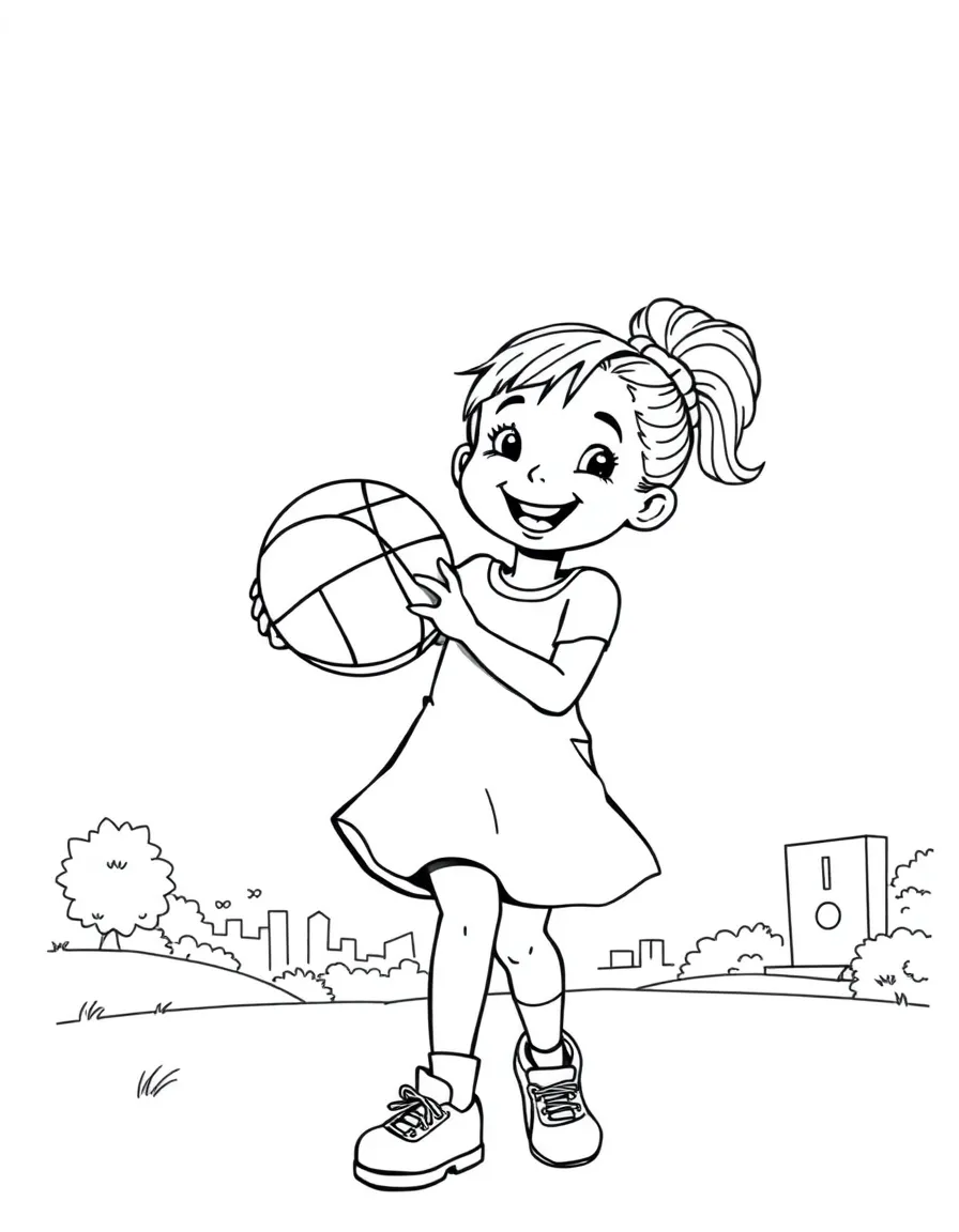 A cheerful little girl bouncing a basketball in Indiana.