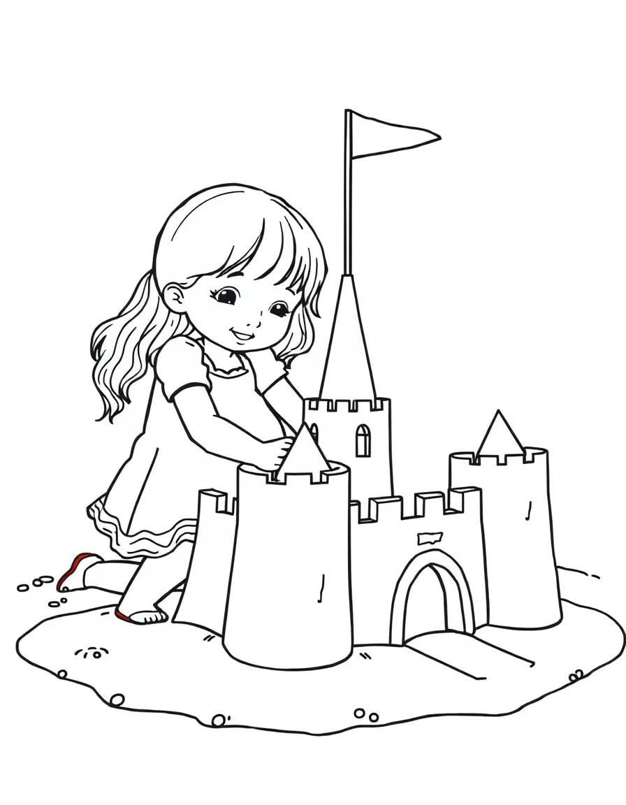 A little girl building a sandcastle with a moat in Delaware.