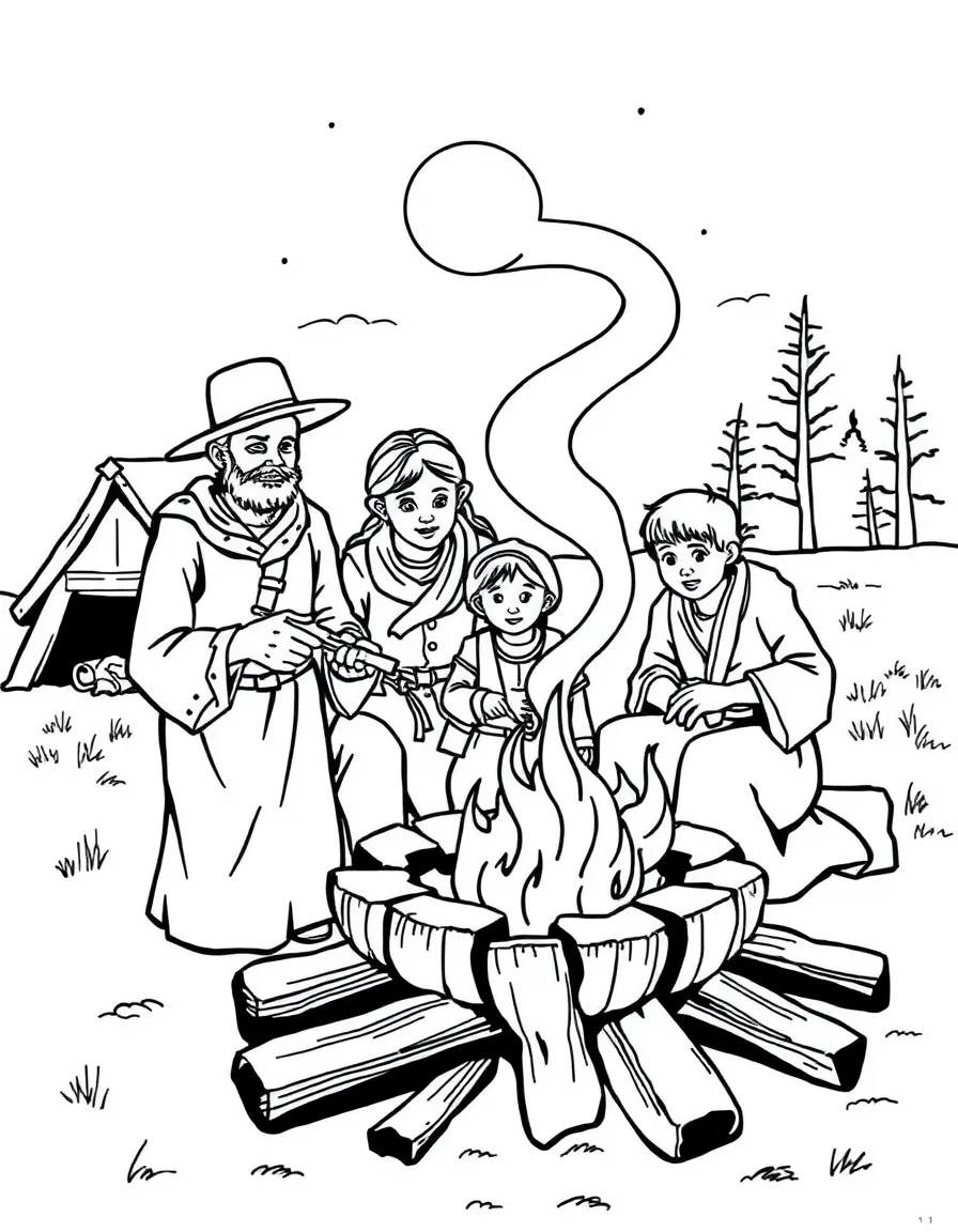 A brave pioneer family cooking over a campfire in Nebraska.