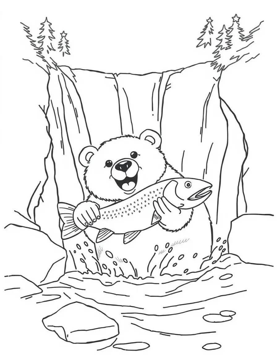 A happy bear catching a fish in a waterfall in Alaska.