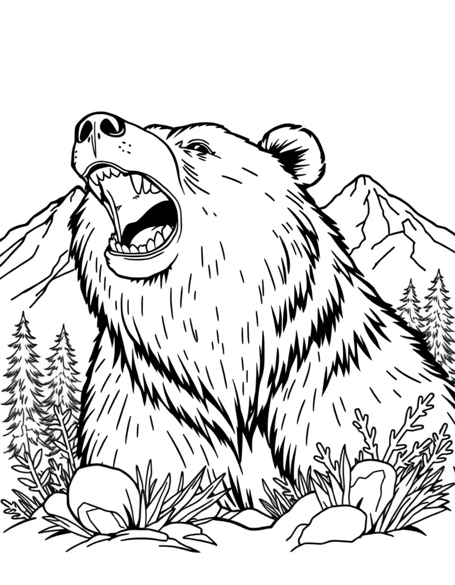 A happy grizzly bear roaring in the mountains in Montana.