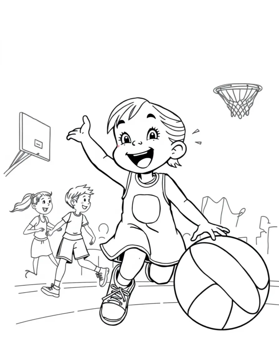 A cheerful little girl playing basketball with friends in Indiana.