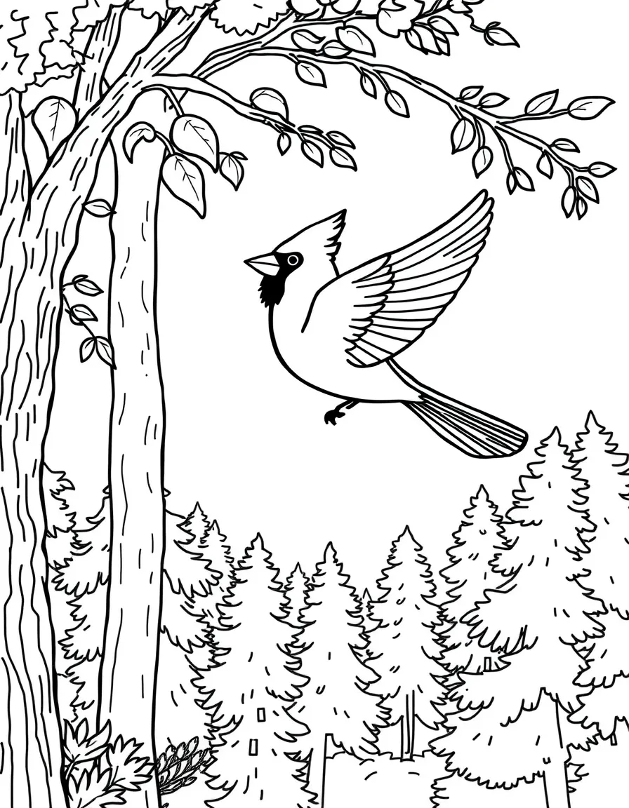 A cute cardinal flying over a forest in Virginia.