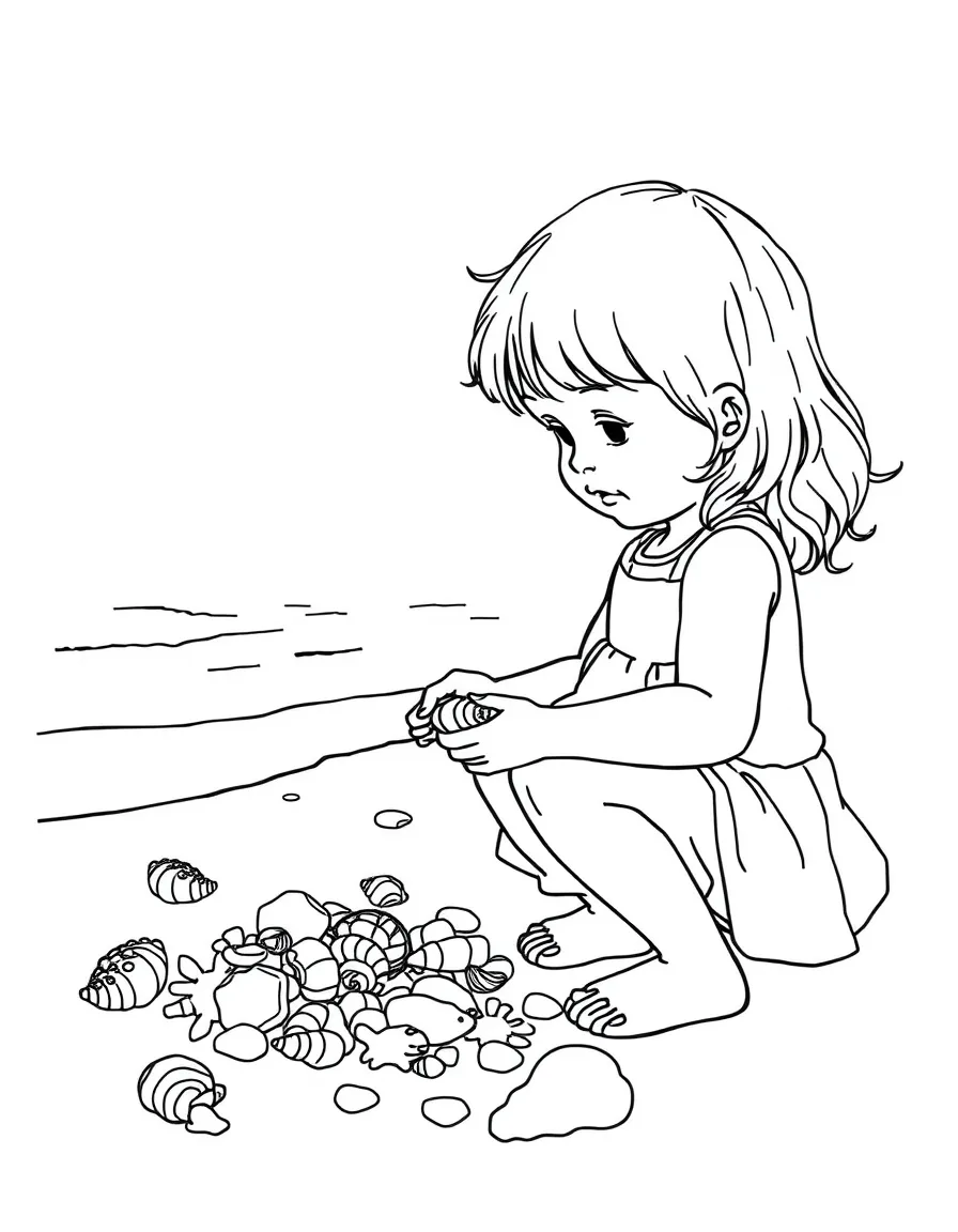 A little girl collecting seashells on the beach in Delaware.