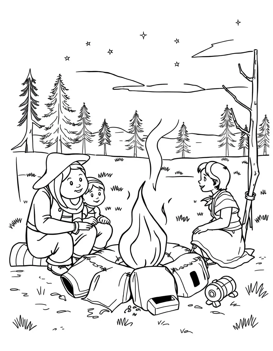 A brave pioneer family gathered around a campfire in Nebraska.
