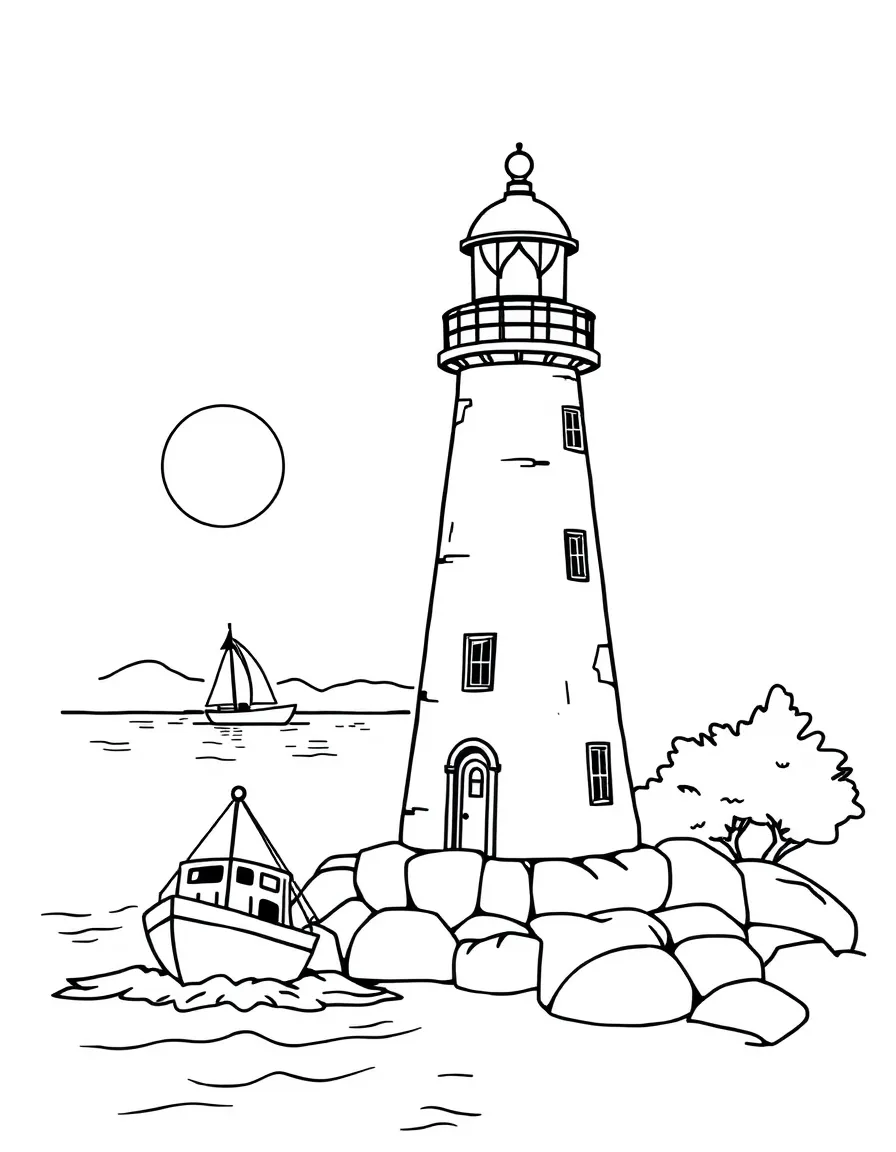 A cute little lighthouse with a boat passing by at night in Rhode Island.