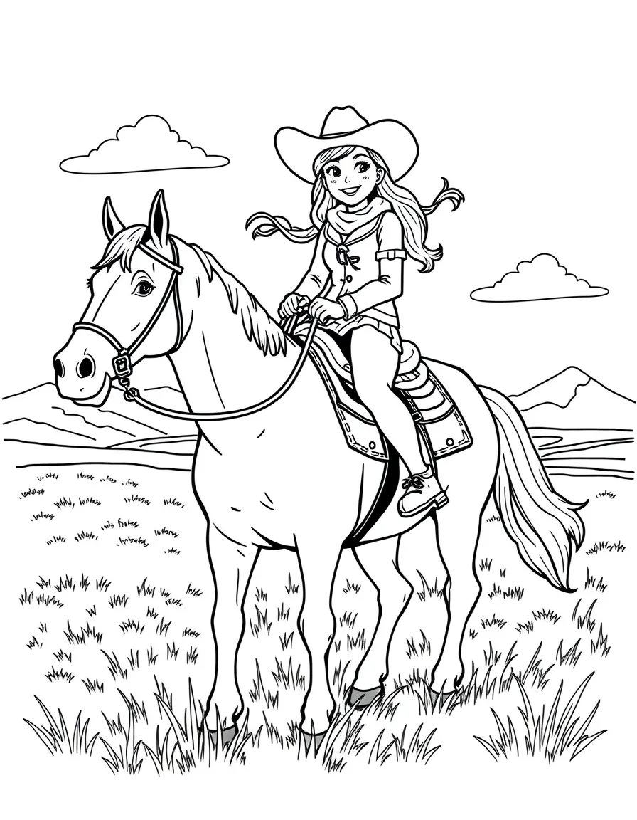 A happy cowgirl riding a horse across a field in Colorado.