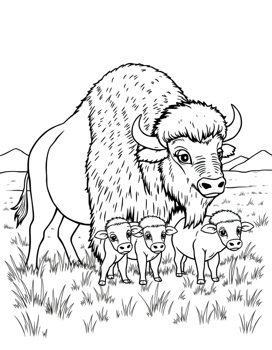 A bubbly bison family grazing in a field in Wyoming.