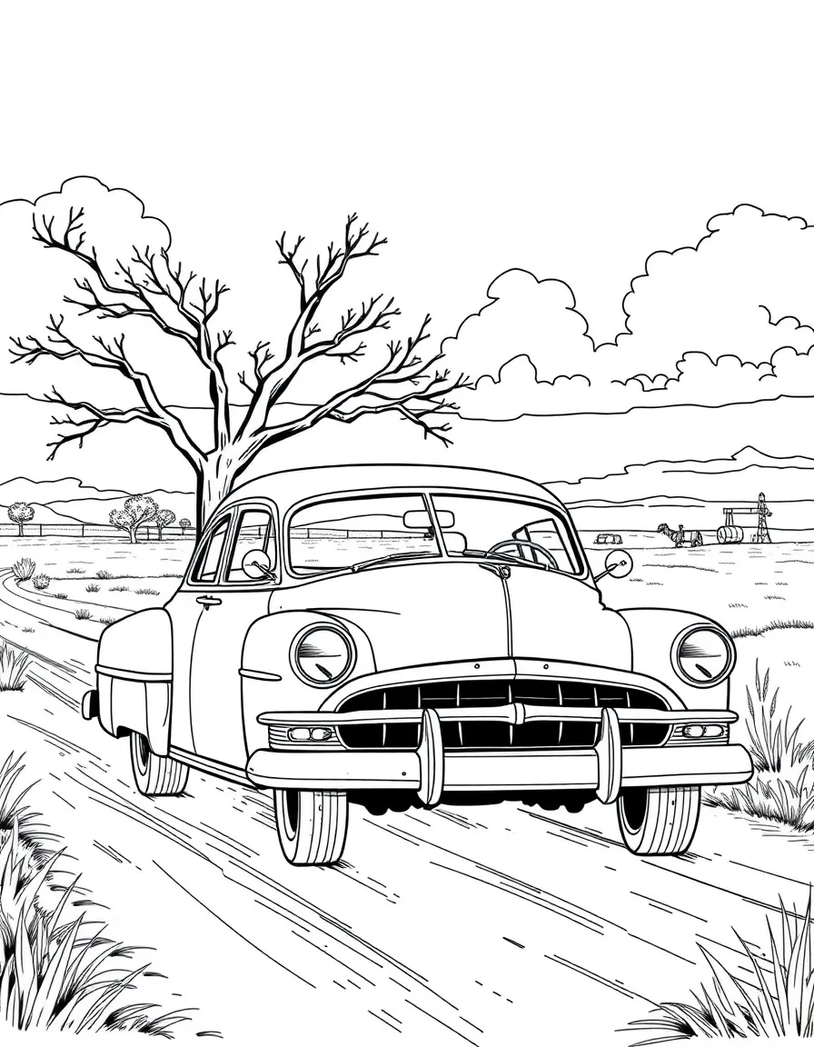 A cool old car driving on a dirt road in Oklahoma.