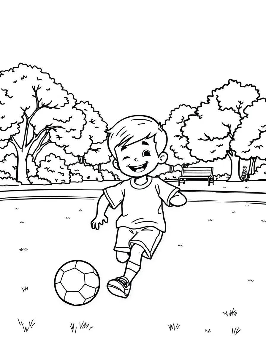 A cheerful little boy playing football in a park in Indiana.