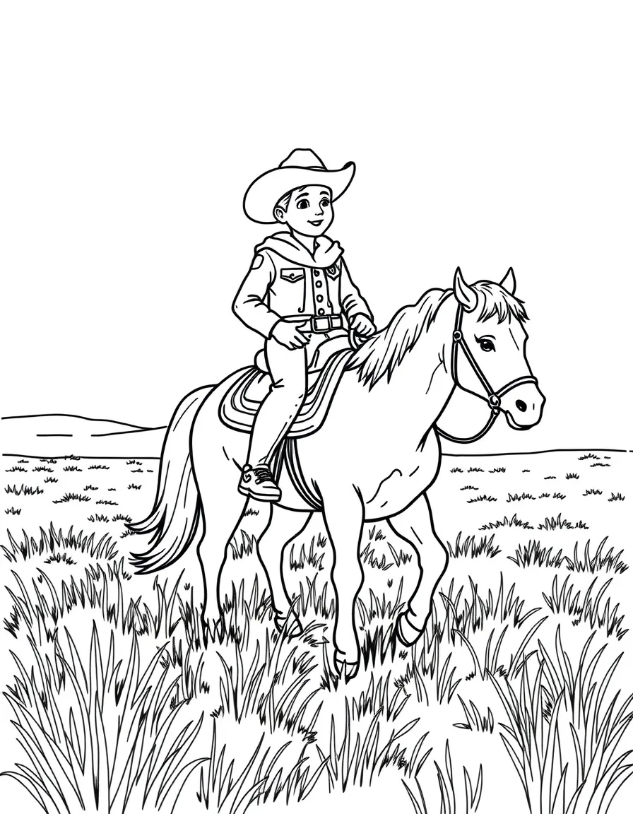 A tiny cowboy riding a horse in a field in South Dakota.