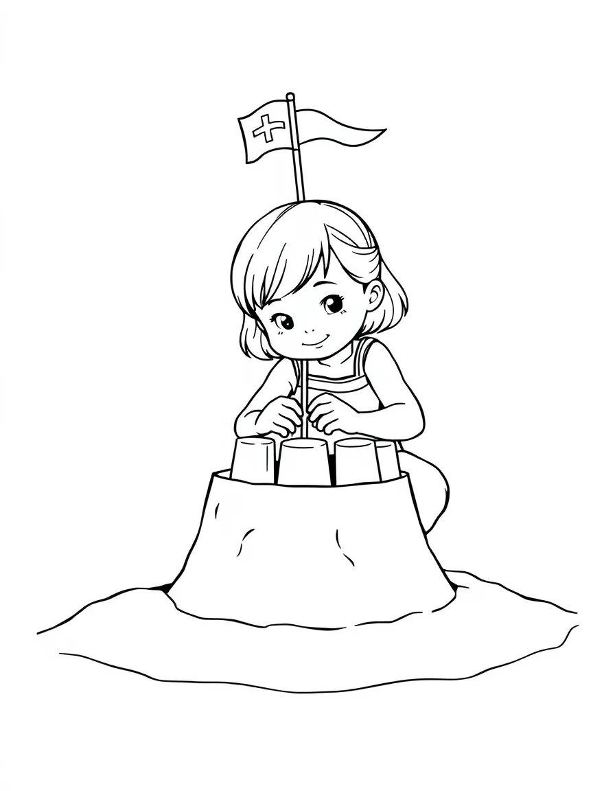 A little girl building a sandcastle with flags on top in Delaware.