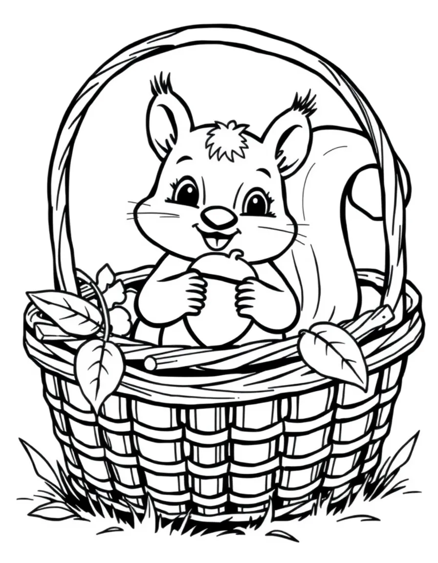 A friendly squirrel holding an acorn in a picnic basket in Ohio.