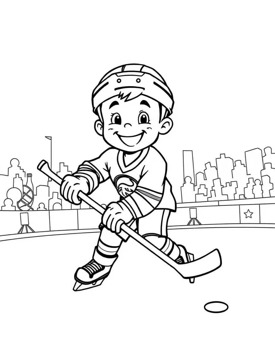 A cheerful little boy playing hockey in New Jersey.