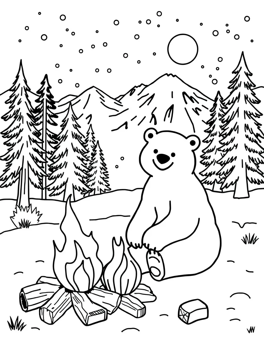 A happy bear sitting by a campfire in Alaska.