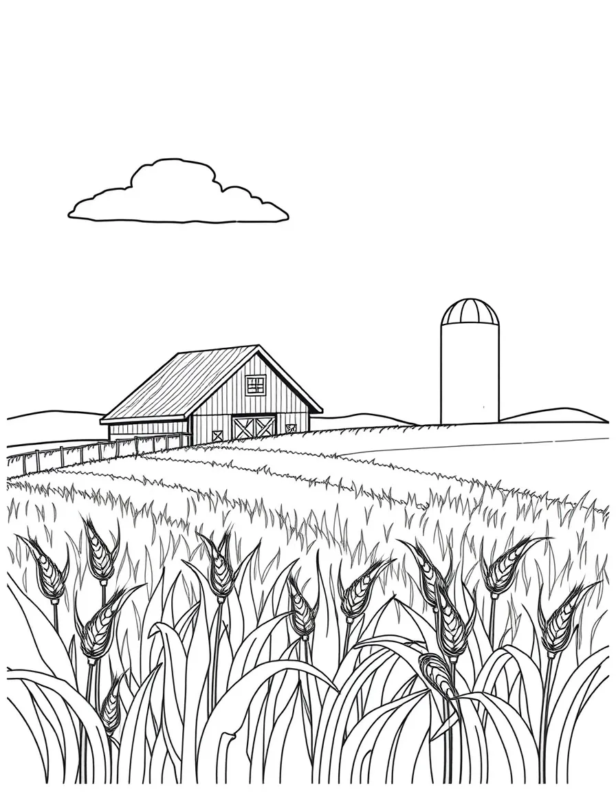 A smiling wheat field with a barn and silo in North Dakota.
