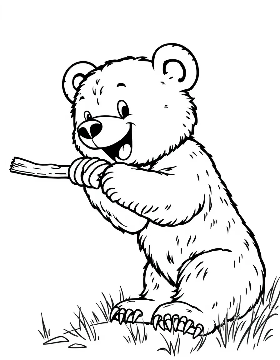 A happy grizzly bear cub playing with a stick in Montana.