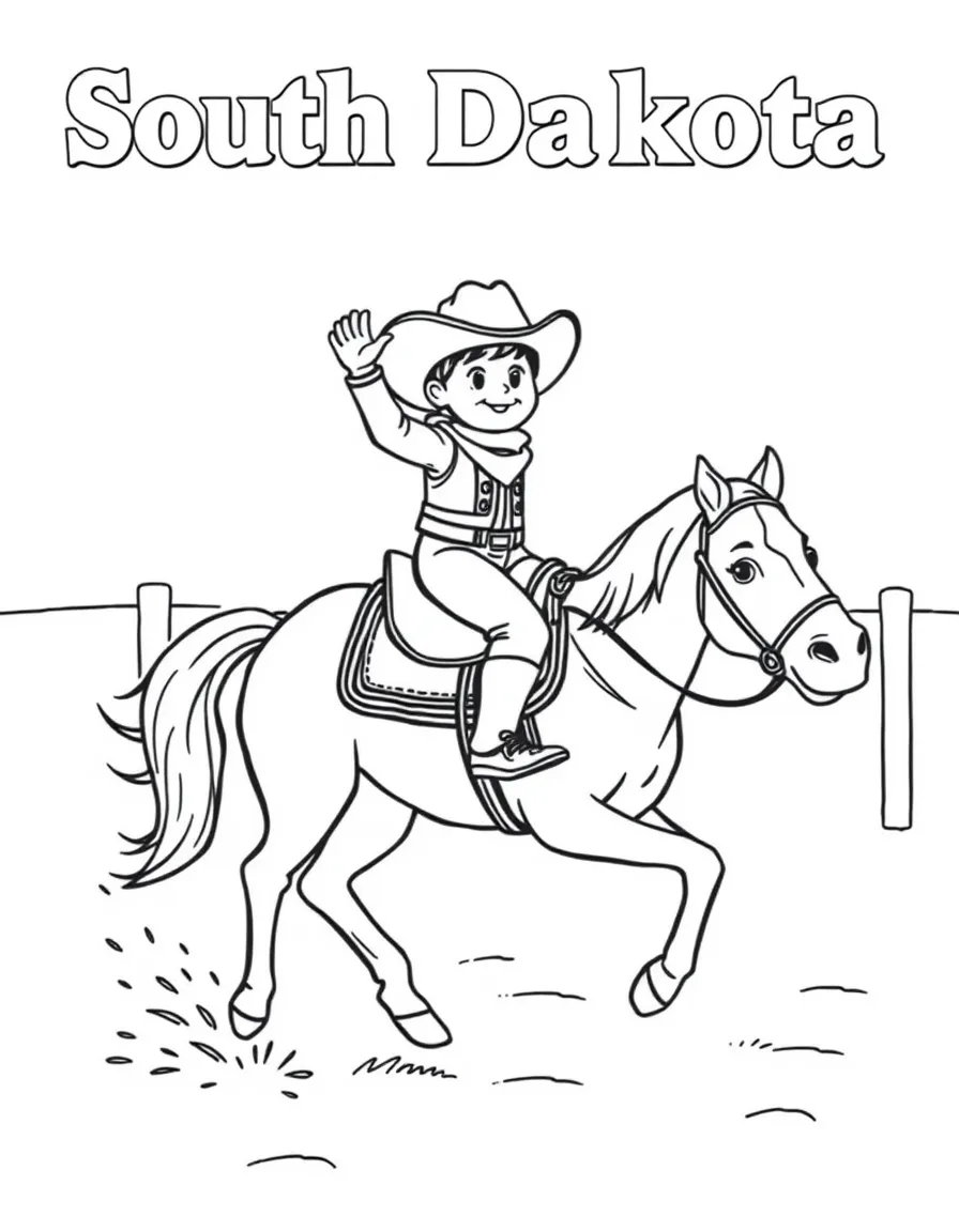 A tiny cowboy riding a horse in a rodeo, waving in South Dakota.