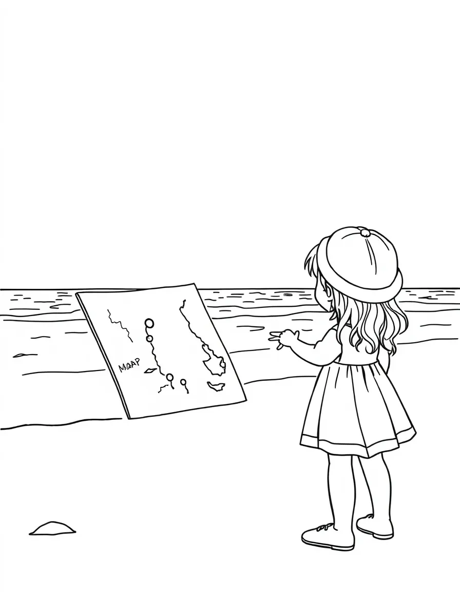 A little girl looking at a map of Delaware on the beach.