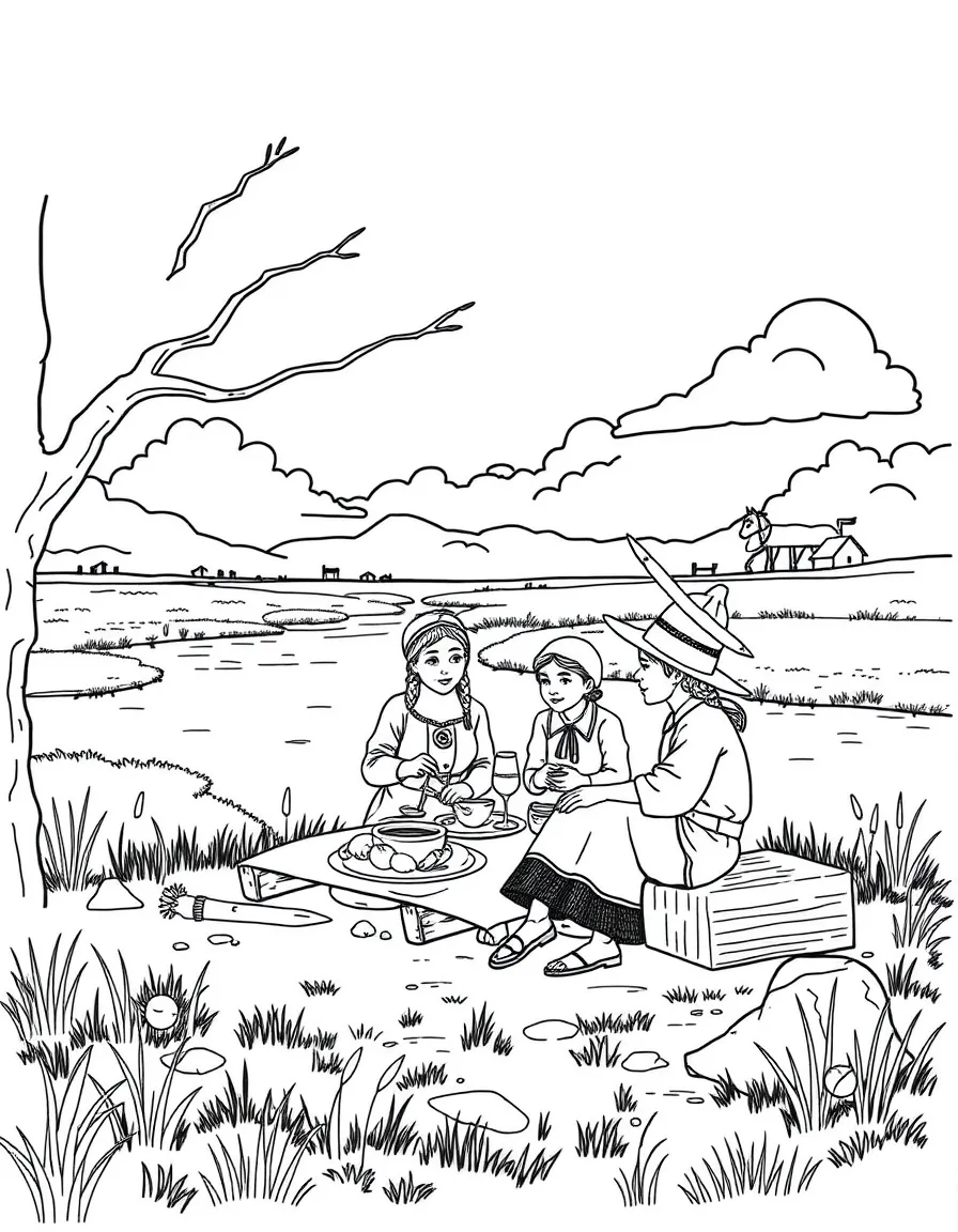 A brave pioneer family picnicking by a river in Nebraska.