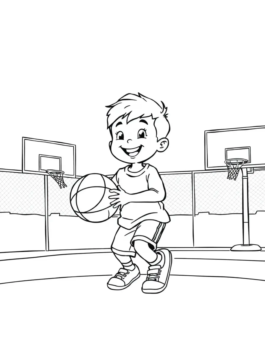 A cheerful little boy playing with a basketball on a court in New Jersey.