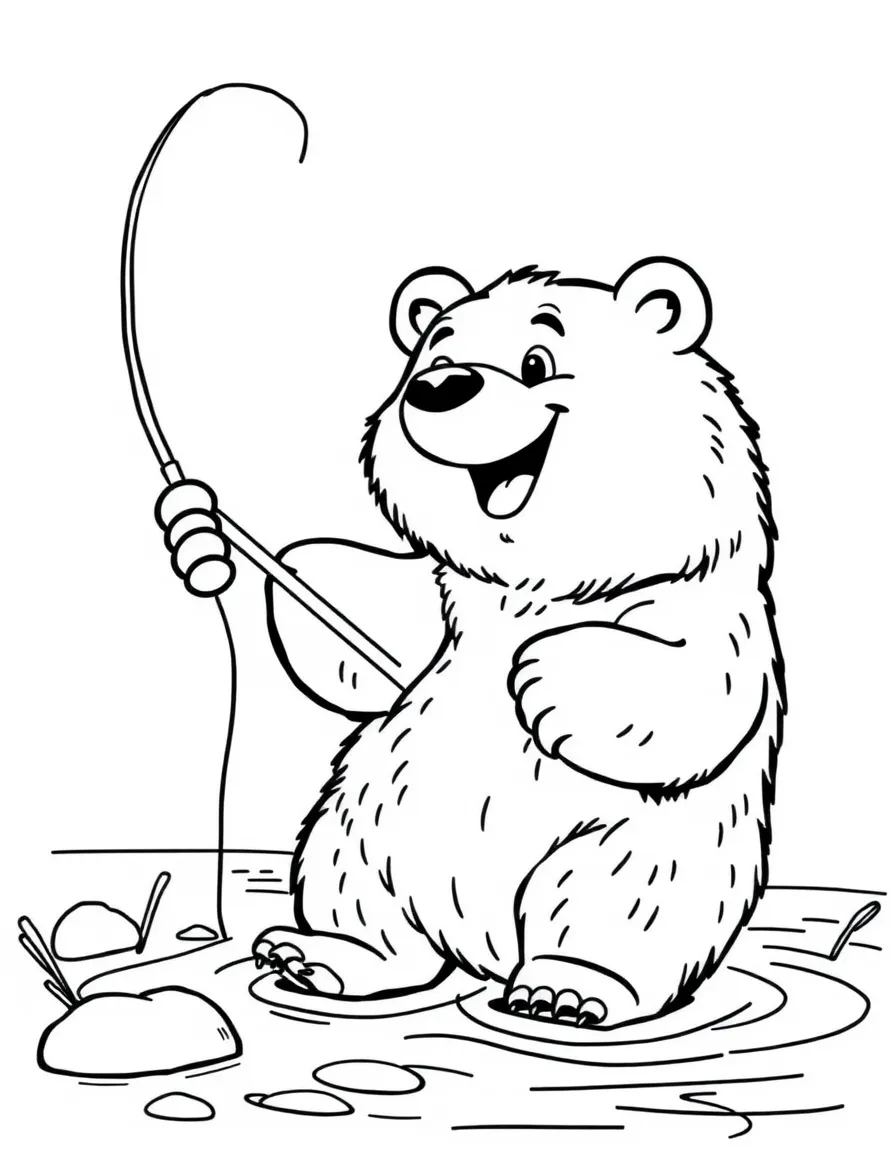A happy bear fishing with a fishing rod in Alaska.