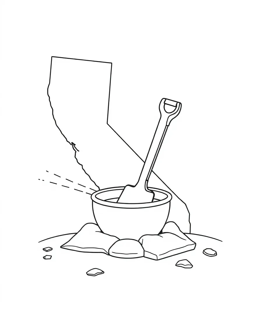 A tiny gold pan with a shovel and pickaxe in California.