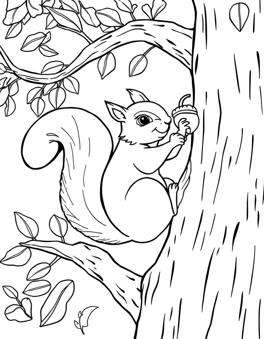 A playful squirrel climbing a tree with an acorn in North Carolina.