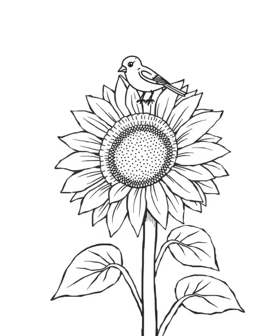 A cheerful sunflower with a little bird on its head in Kansas.