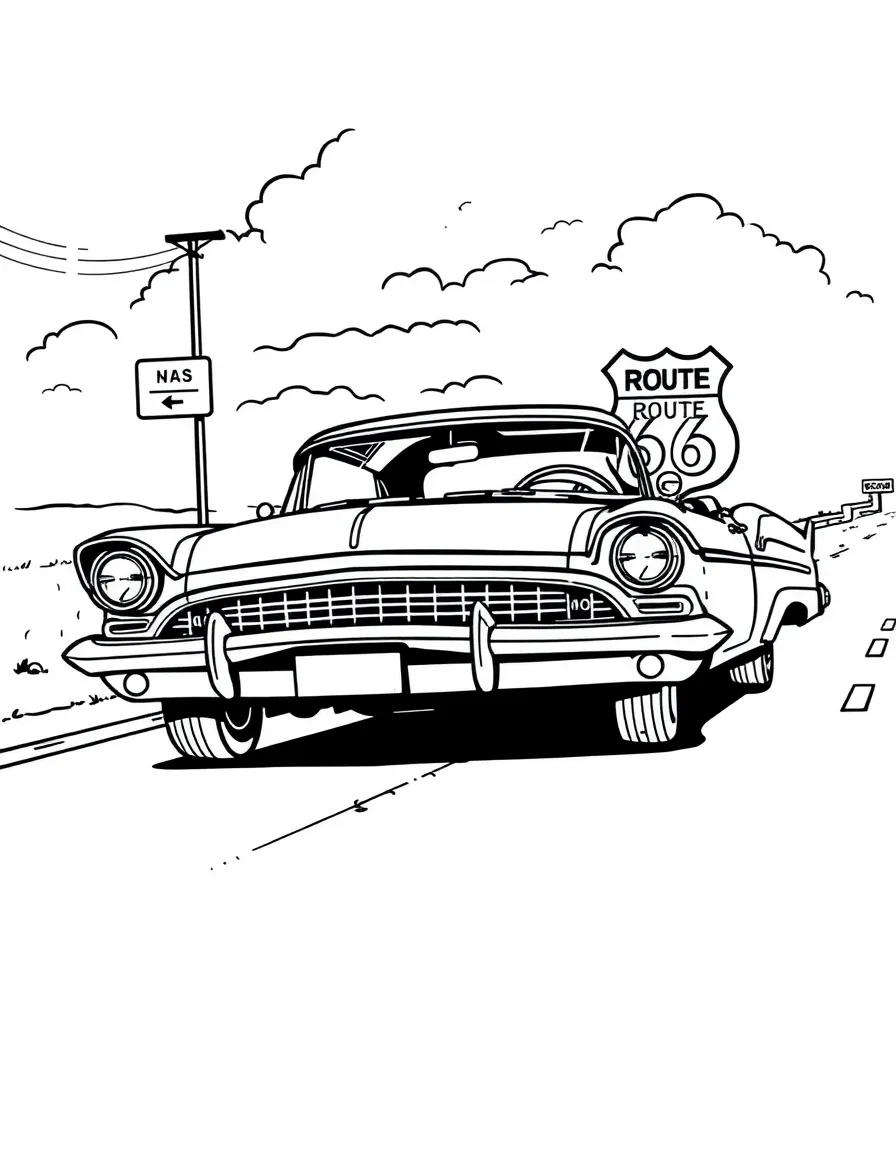 A cool classic car driving on Route 66 in Oklahoma.