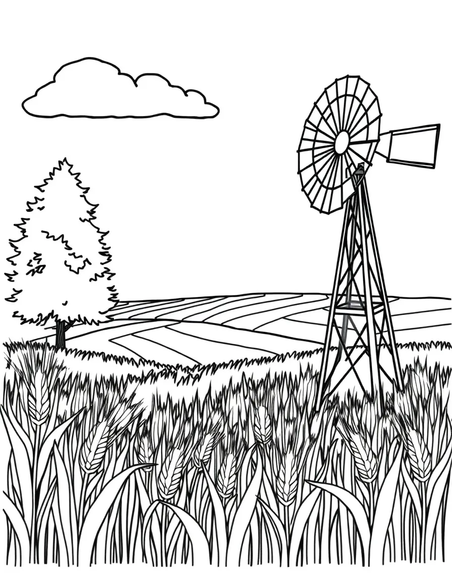 A smiling wheat field with a windmill in North Dakota.