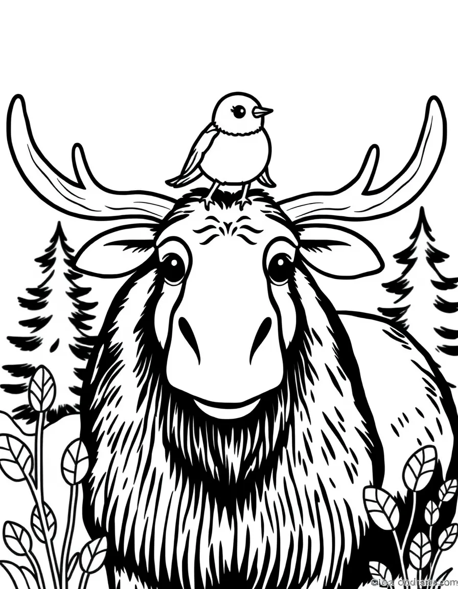 A friendly moose with a friendly bird on its antlers in New Hampshire.