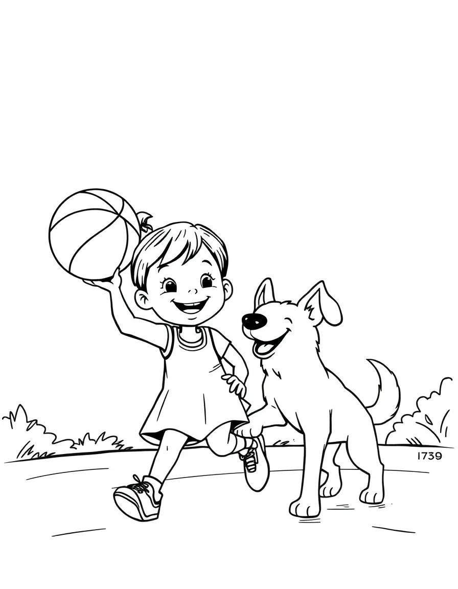 A cheerful little girl playing basketball with her dog in Indiana.