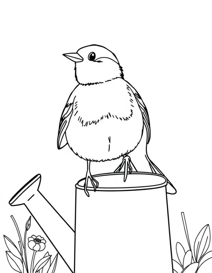 A friendly robin perched on a watering can in Michigan.