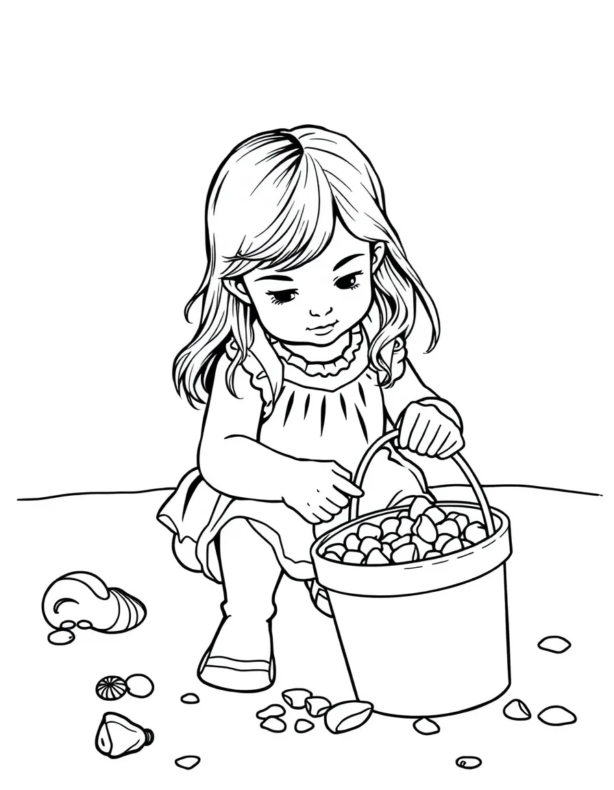 A little girl collecting shells in a bucket on the beach in Delaware.