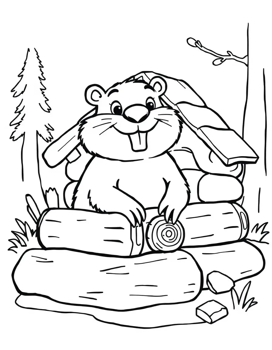 A happy beaver building a house with logs in Minnesota.