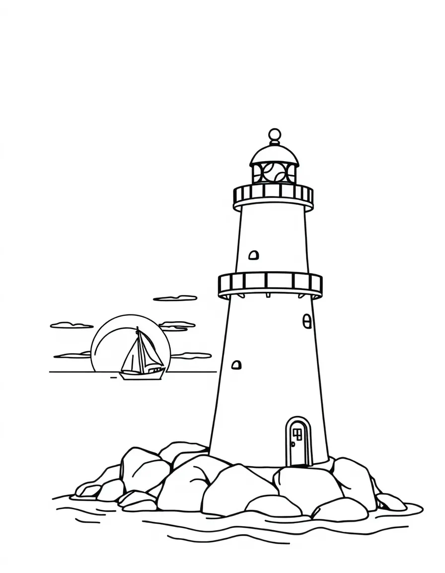 A cute little lighthouse with a boat sailing at sunset in Rhode Island.