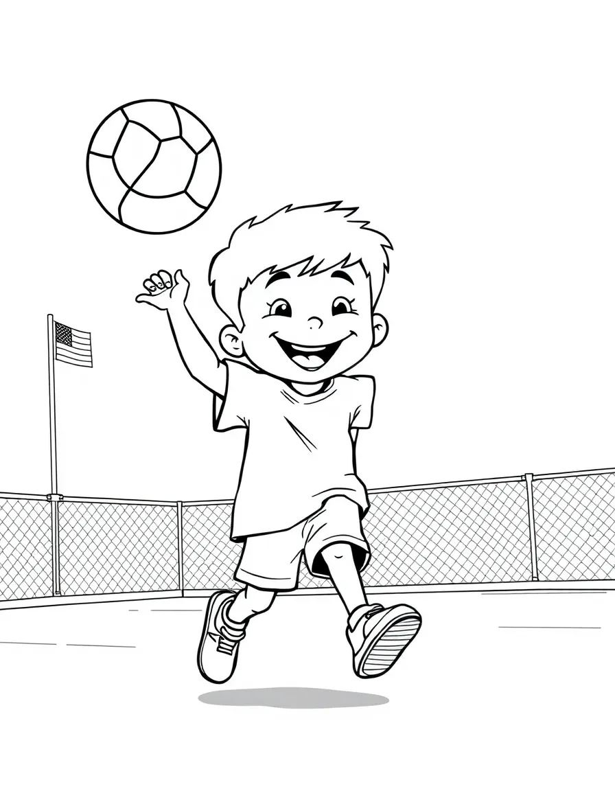 A cheerful little boy playing dodgeball in New Jersey.