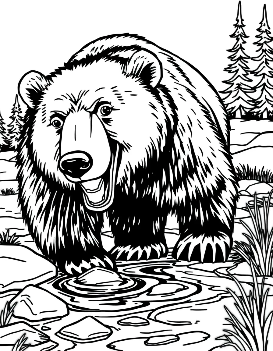 A happy bear drinking from a clear stream in Alaska.