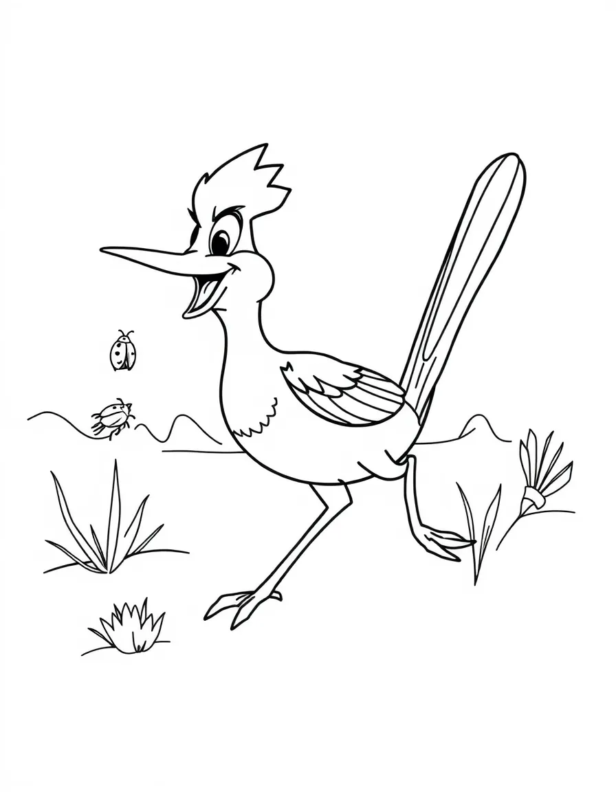 A smiling desert roadrunner chasing a bug in Arizona.