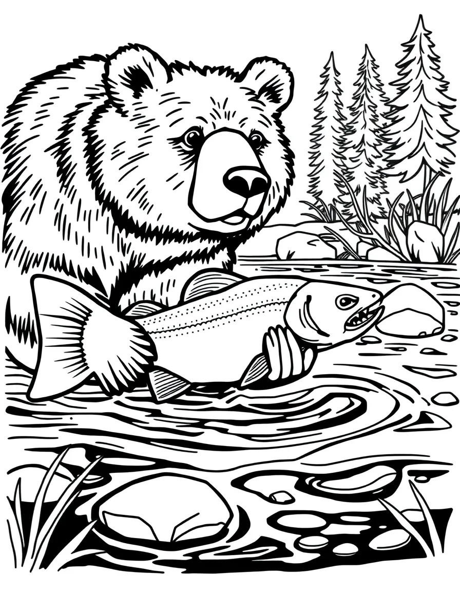 A curious bear fishing in a river with a salmon in Oregon.