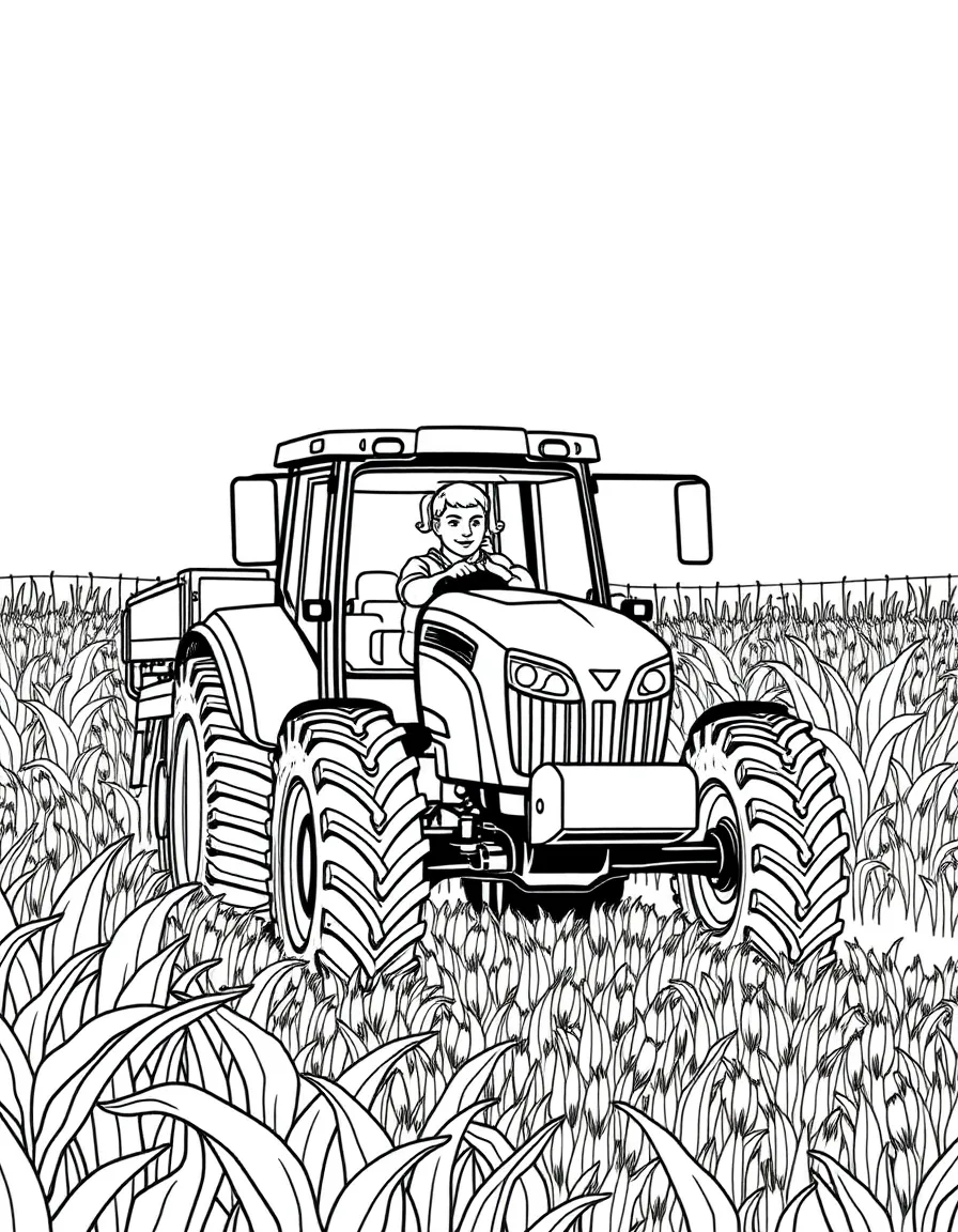 A busy farmer on a tractor in a field of corn in Iowa.