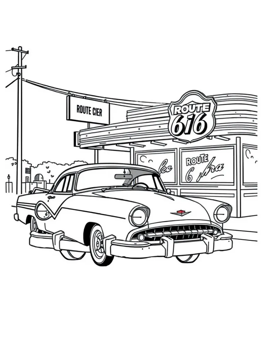A cool vintage car parked next to a diner on Route 66 in Oklahoma.
