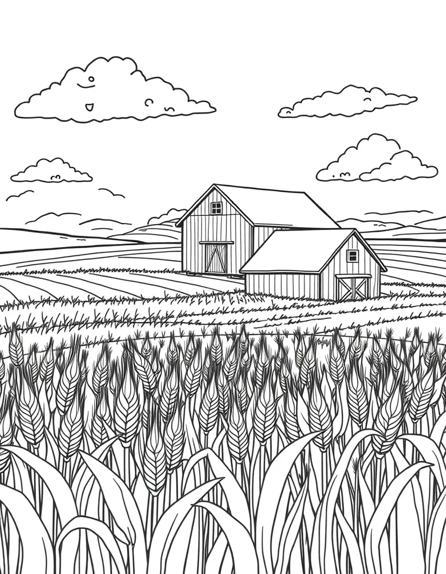 A smiling wheat field with a big red barn in North Dakota.
