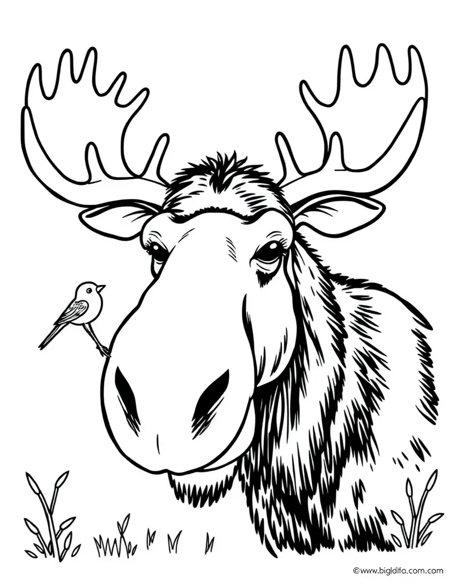 A friendly moose with a tiny bird on its nose in New Hampshire.