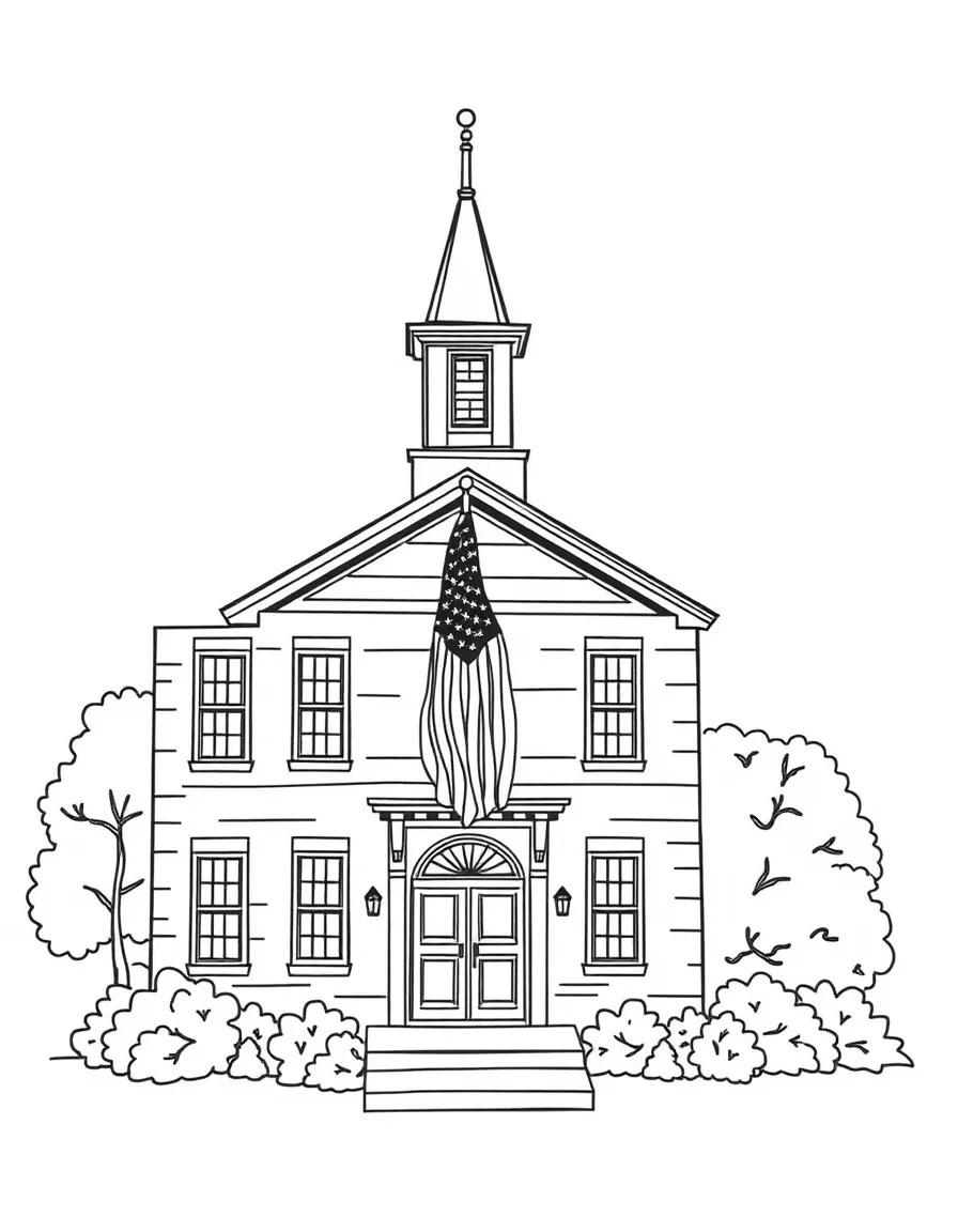 A little historical building with an American flag in Massachusetts.