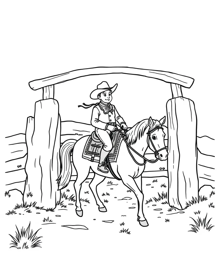 A tiny cowboy riding a horse through a gate in South Dakota.