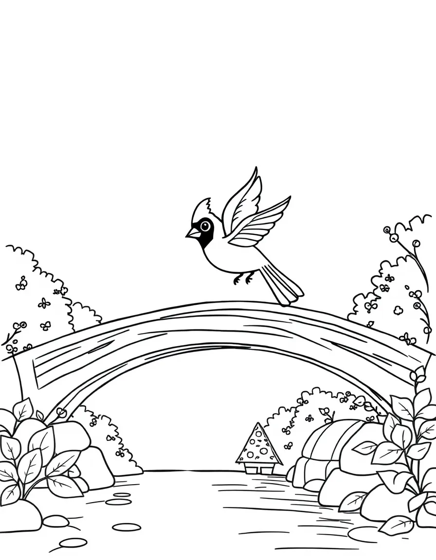 A cute cardinal flying over a bridge in Virginia.
