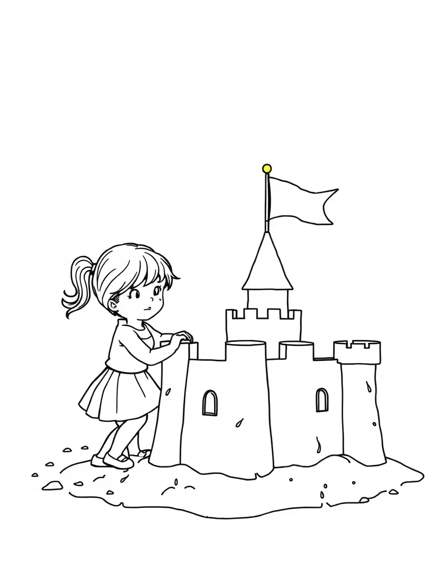 A little girl building a sandcastle with a flag and moat in Delaware.